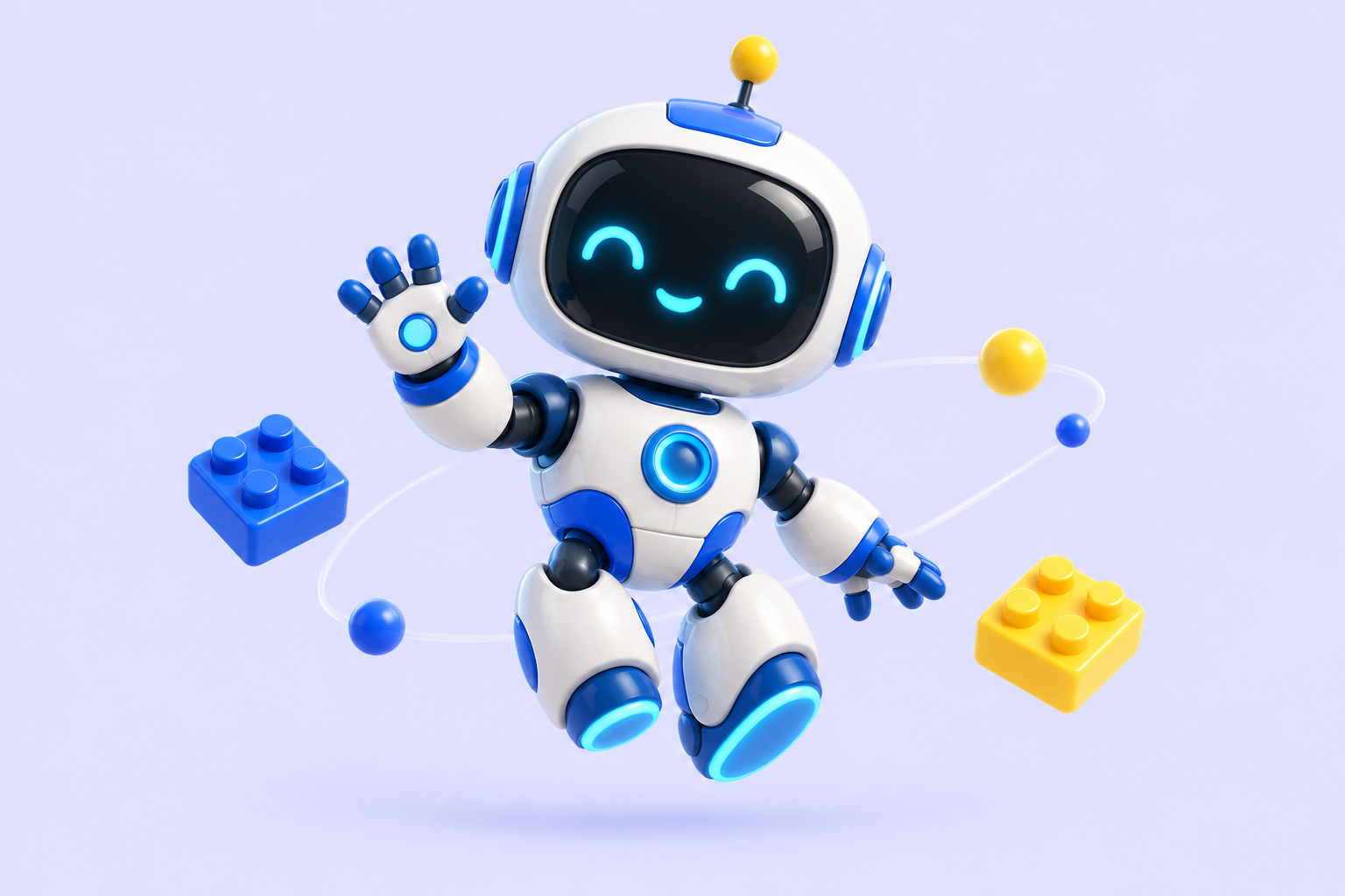 A friendly blue and white robot waving hello